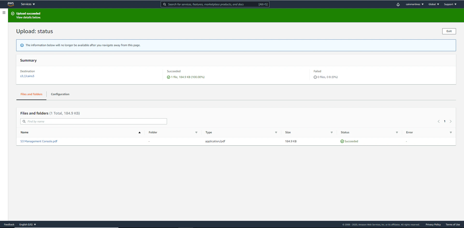 screenshot of Amazon S3